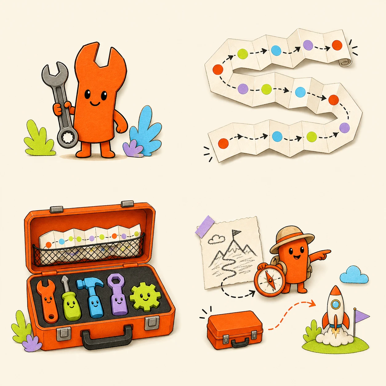 Four friendly illustrations representing a skill, a long execution prompt, an Outcome Pack, and the Possible guide